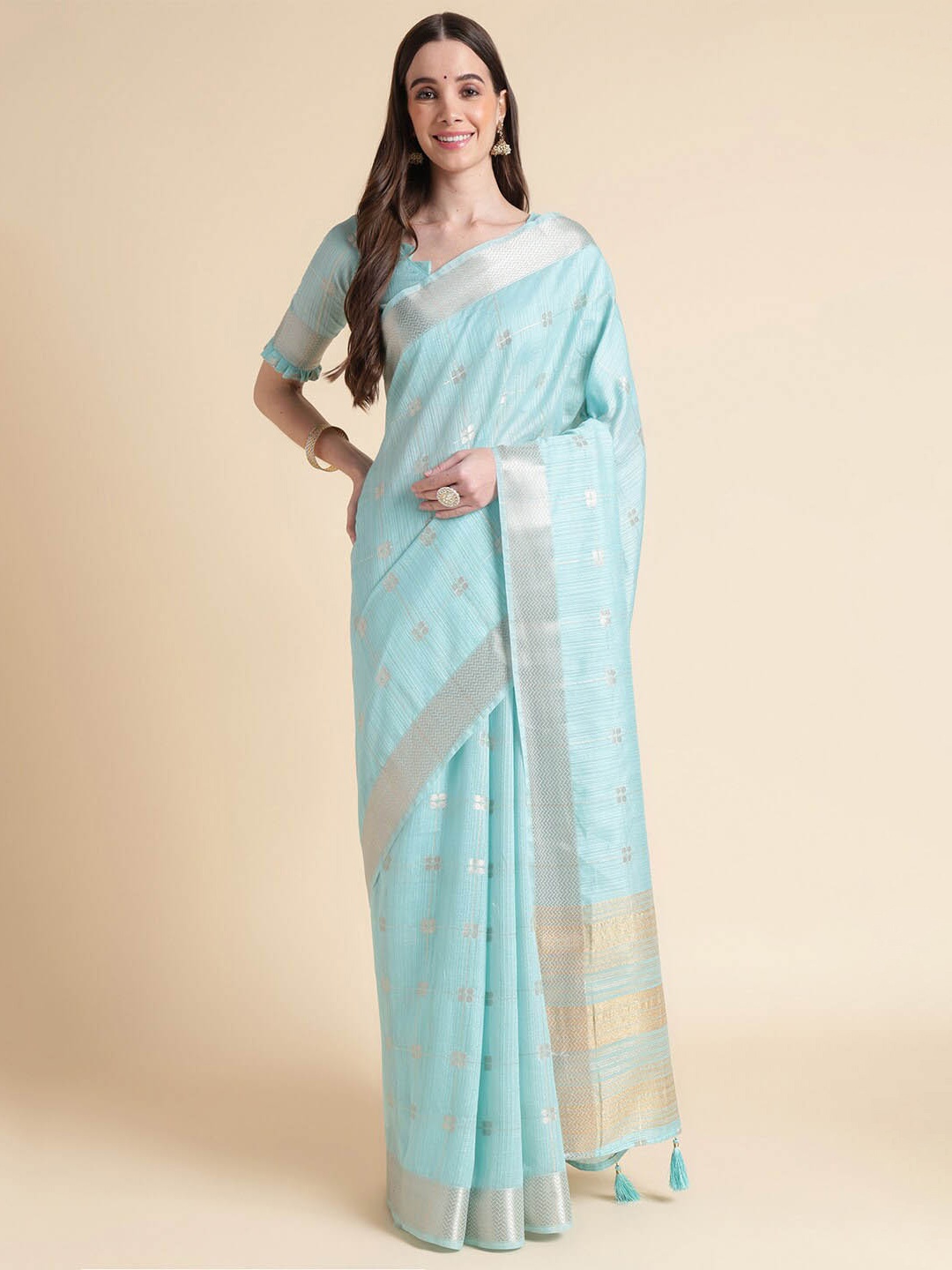 

Ishin Blue Ethnic Motifs Woven Design Zari Organza Saree