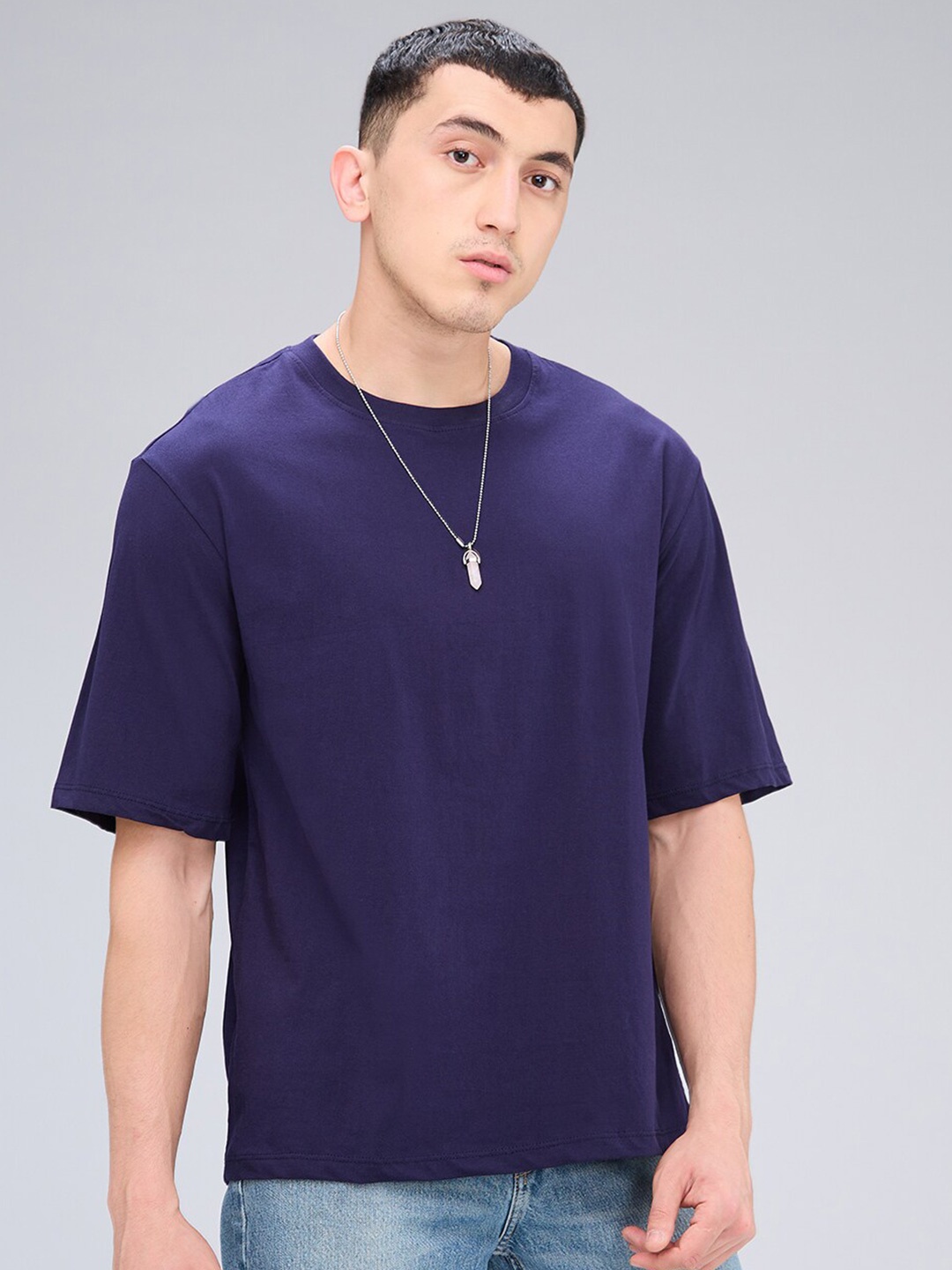 

NOIRA Cotton Round Neck Short Sleeves Oversized Casual T-shirt, Navy blue