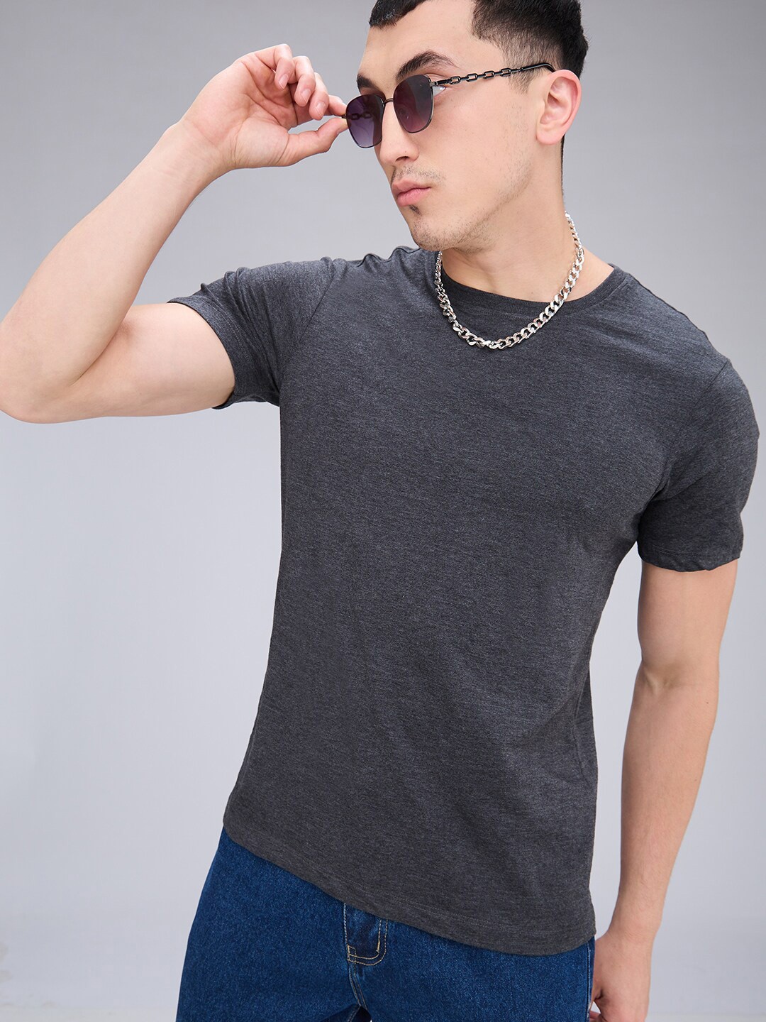 

NOIRA Round Neck Short Sleeves Cotton T-shirt, Charcoal