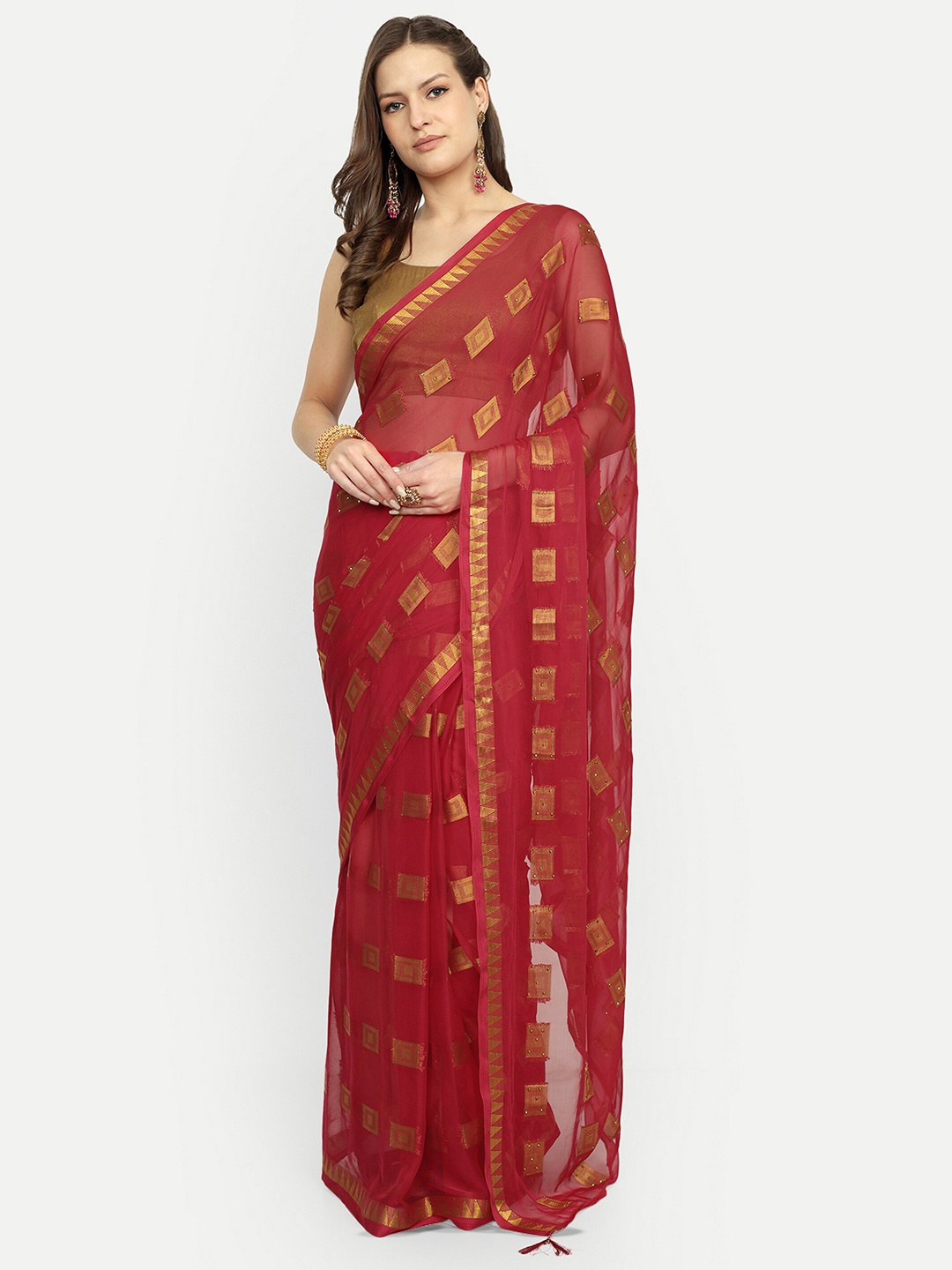 

Aardiva Ethnic Motifs Woven Design Zari Pure Chiffon Saree, Red