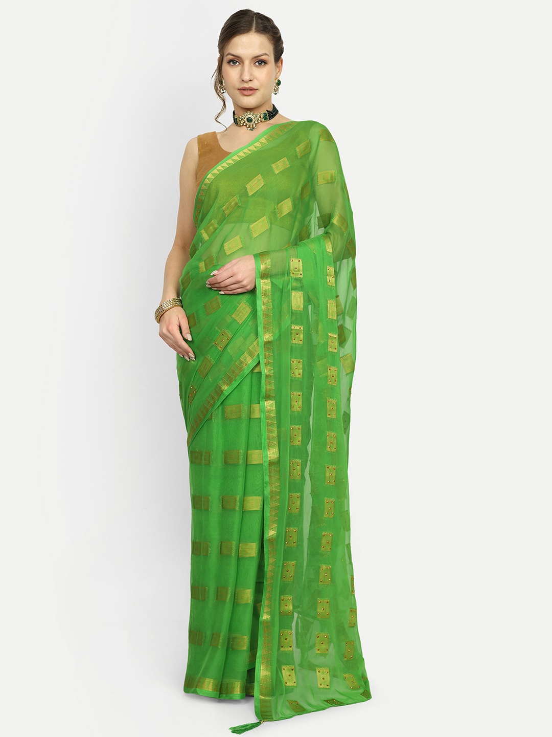 

Aardiva Ethnic Motifs Woven Design Zari Pure Chiffon Saree, Green