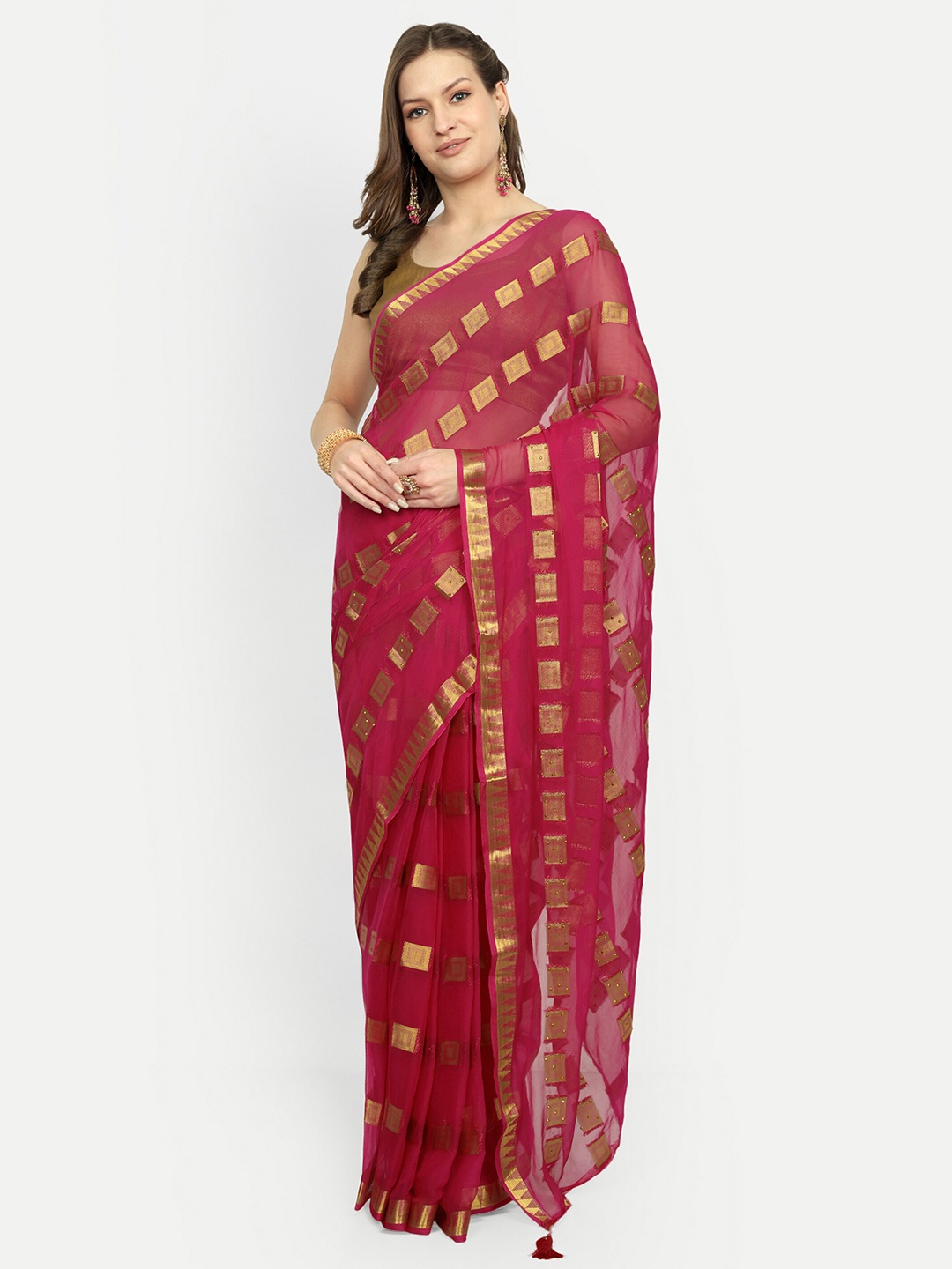 

Aardiva Ethnic Motifs Woven Design Zari Pure Chiffon Saree, Pink