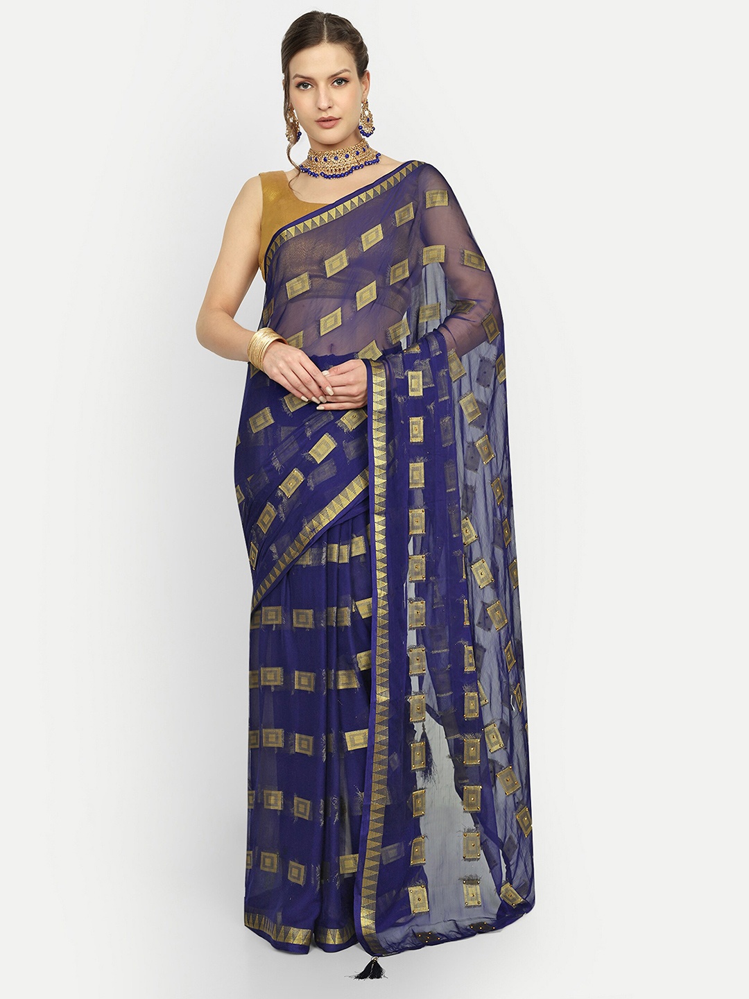 

Aardiva Ethnic Motifs Woven Design Zari Pure Chiffon Saree, Navy blue