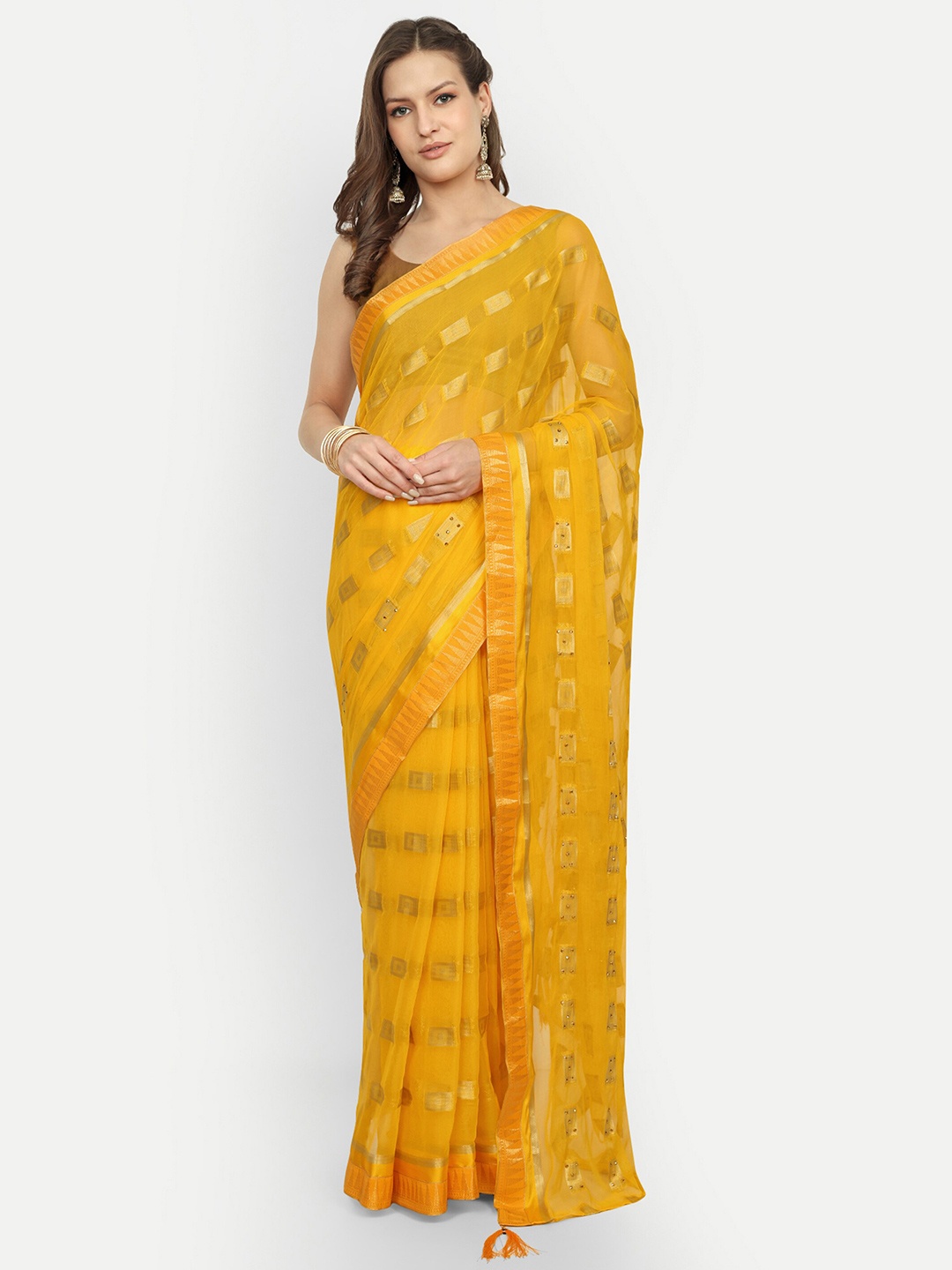 

Aardiva Ethnic Motifs Woven Design Zari Pure Chiffon Saree, Yellow