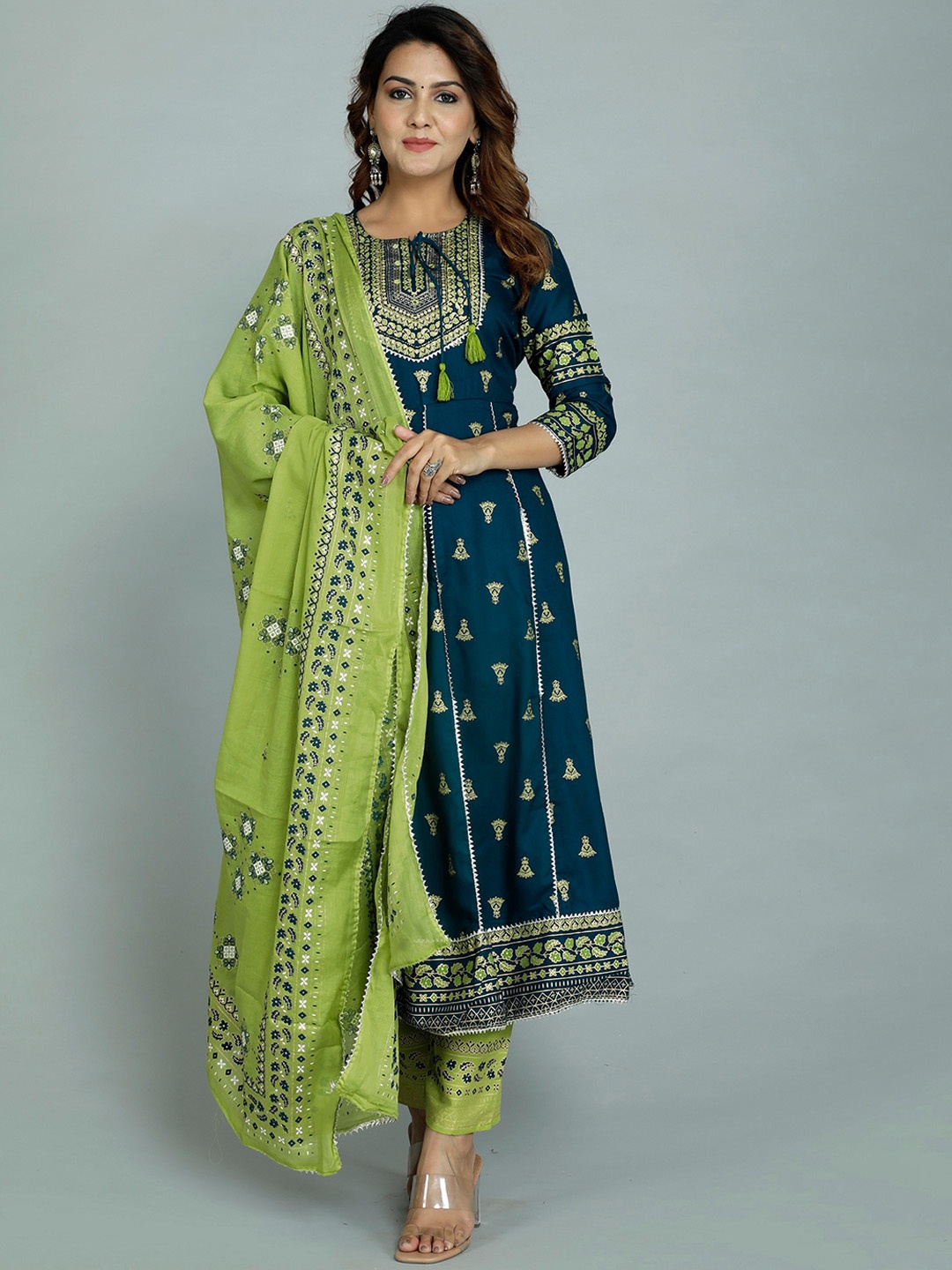 

Misti Exim Ethnic Motifs Printed Panelled Anarkali Kurta with Trousers & Dupatta, Teal