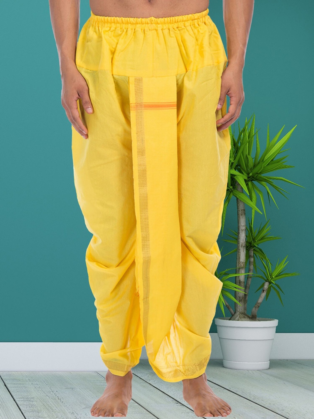 

SHIWAM ETHNIX Men Ready To Wear Cotton Silk Dhoti, Yellow