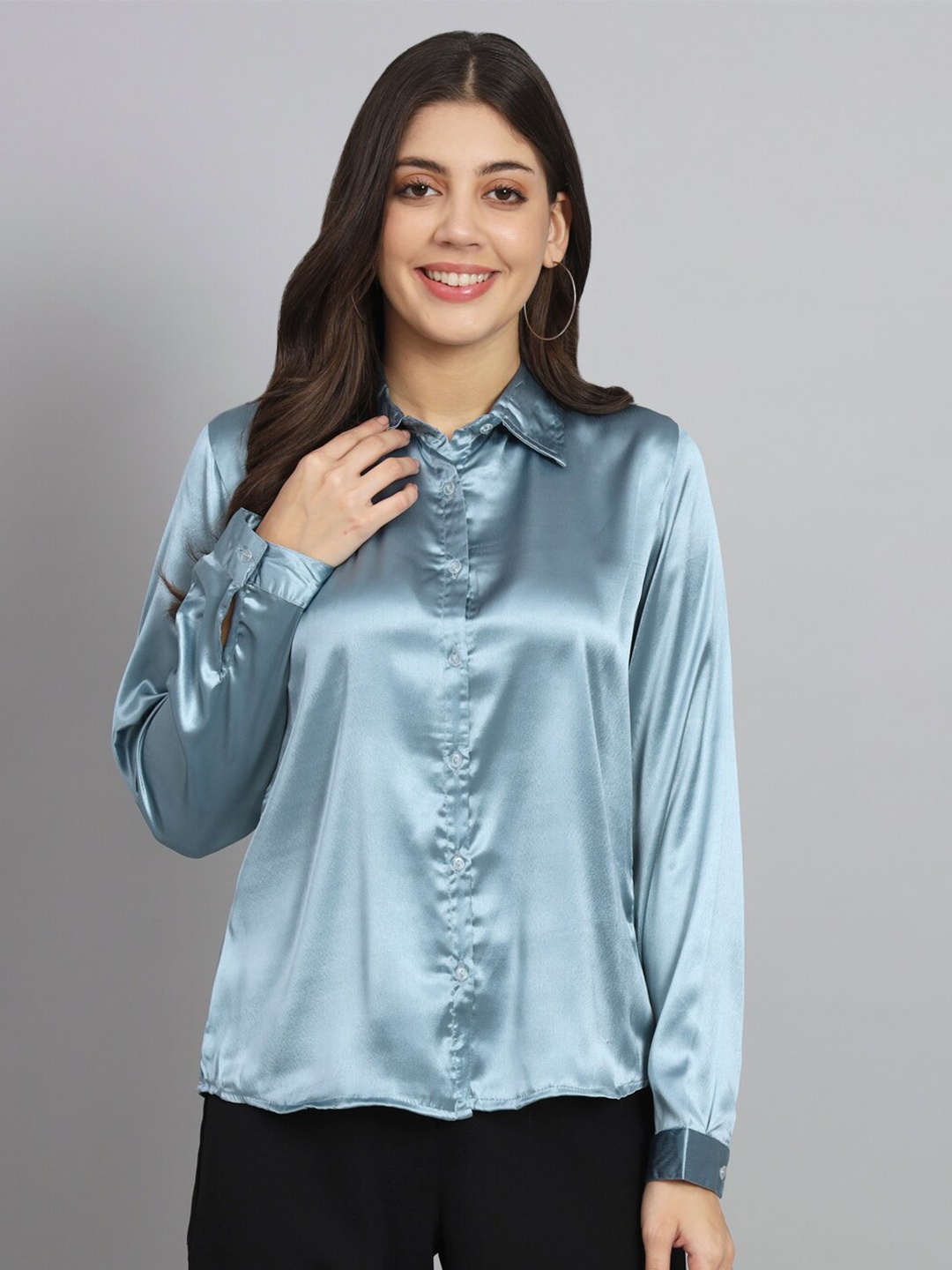 

Funday Fashion Spread Collar Satin Casual Shirt, Blue