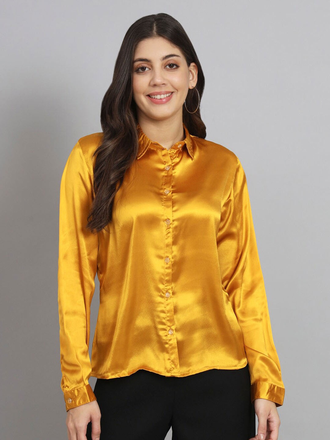 

Funday Fashion Spread Collar Casual Satin Shirt, Mustard