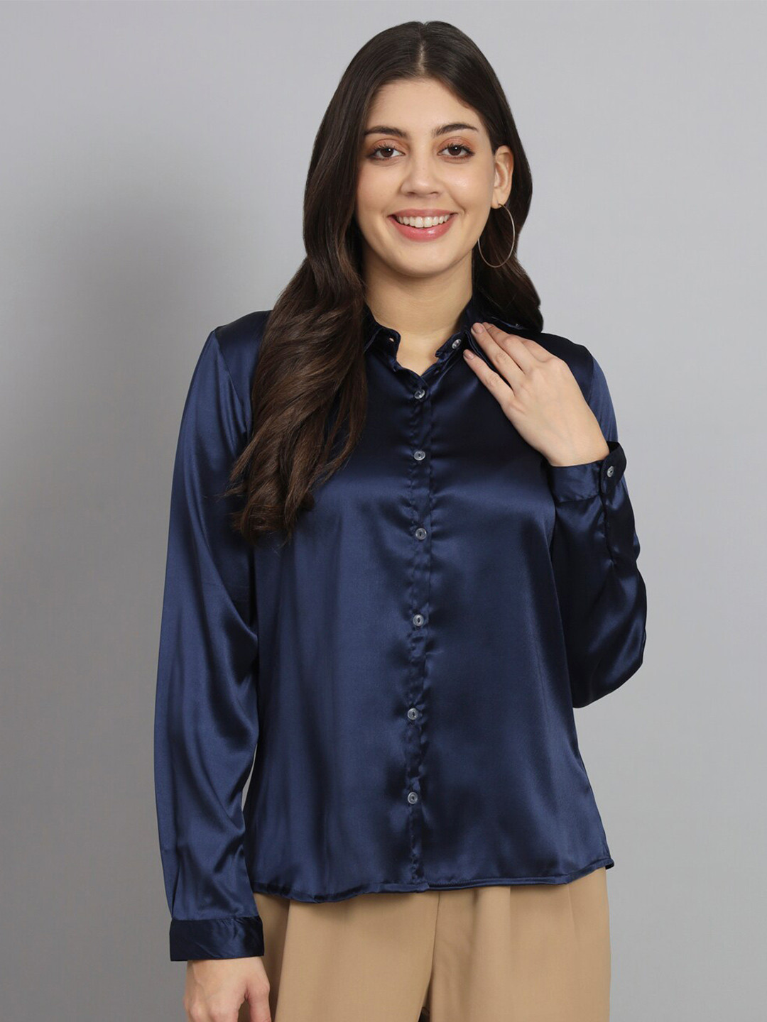 

Funday Fashion Spread Collar Casual Satin Shirt, Navy blue