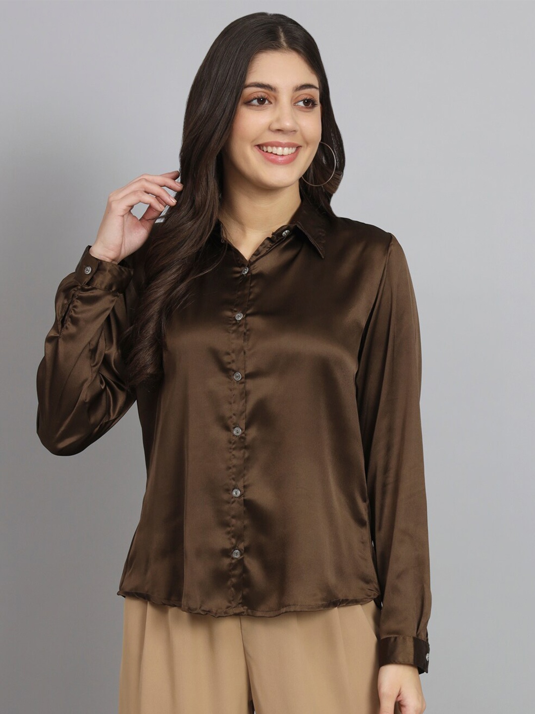 

Funday Fashion Spread Collar Satin Casual Shirt, Brown