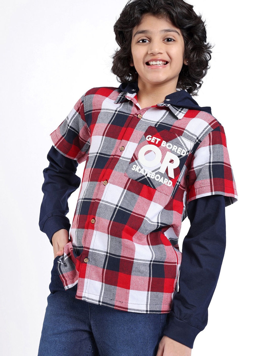 

ARIAS By LARA DUTTA Boys Checked Spread Collar Cotton Curved Casual Shirt, Red