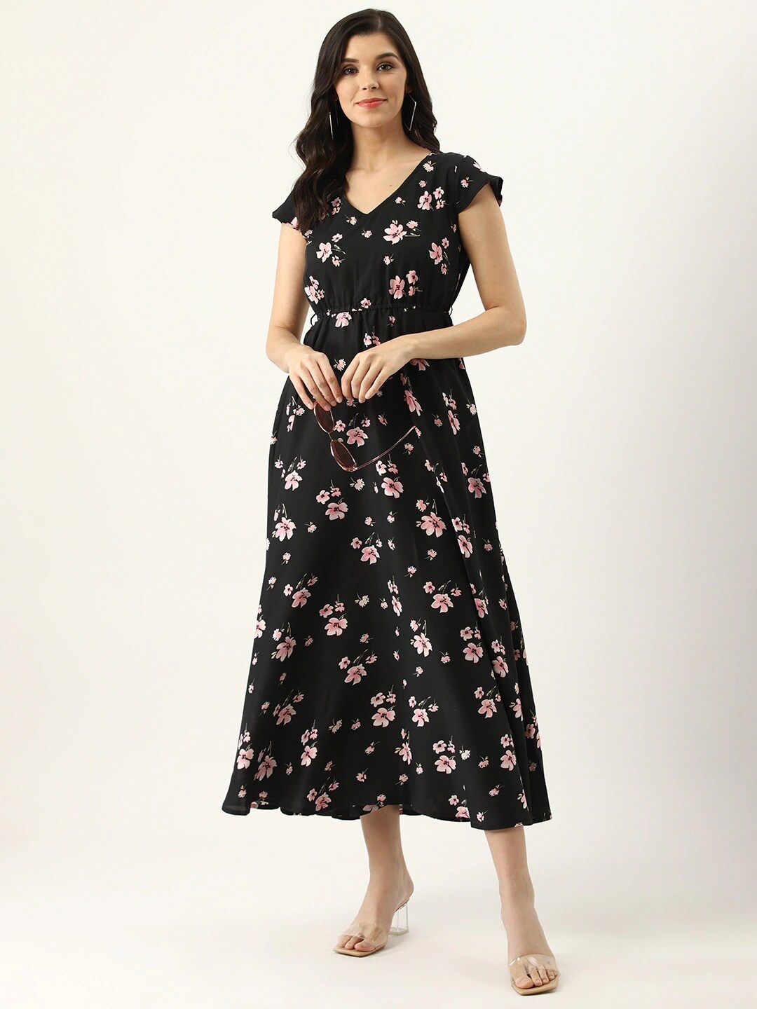 

U&F Black Floral Printed V-Neck Cap Sleeve A-Line Dress