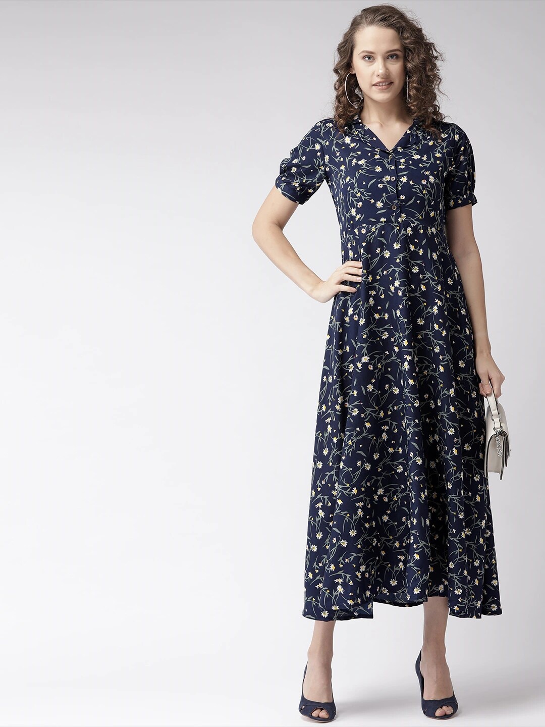 

U&F Navy Blue Floral Printed Shirt Collar Puff Sleeve Fit & Flare Dress