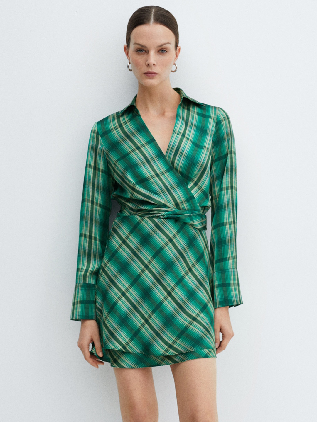 

MANGO Checked Wrap Mini Dress with Belt, Green