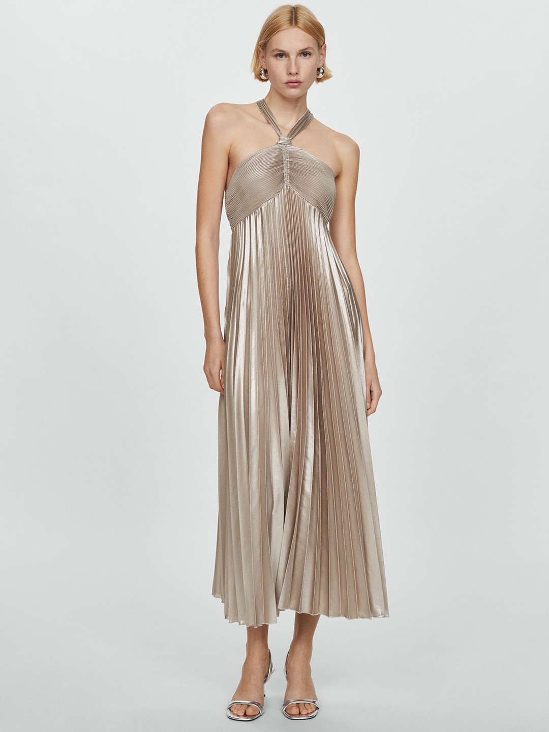 

MANGO Halter Neck Empire Midi Dress, Taupe
