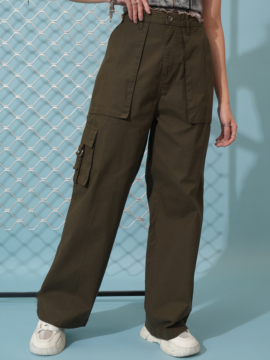 

Tokyo Talkies Olive Women Mid-Rise Wide Leg Cotton Utility Cargo Trousers
