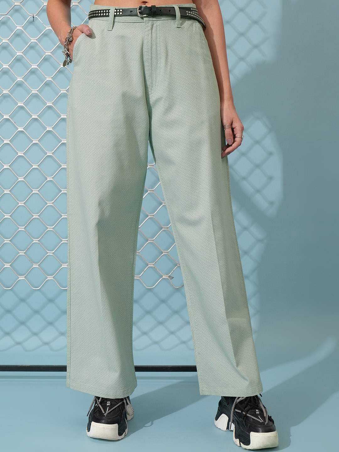

Tokyo Talkies Blue Women Mid-Rise Cotton Parallel Trousers