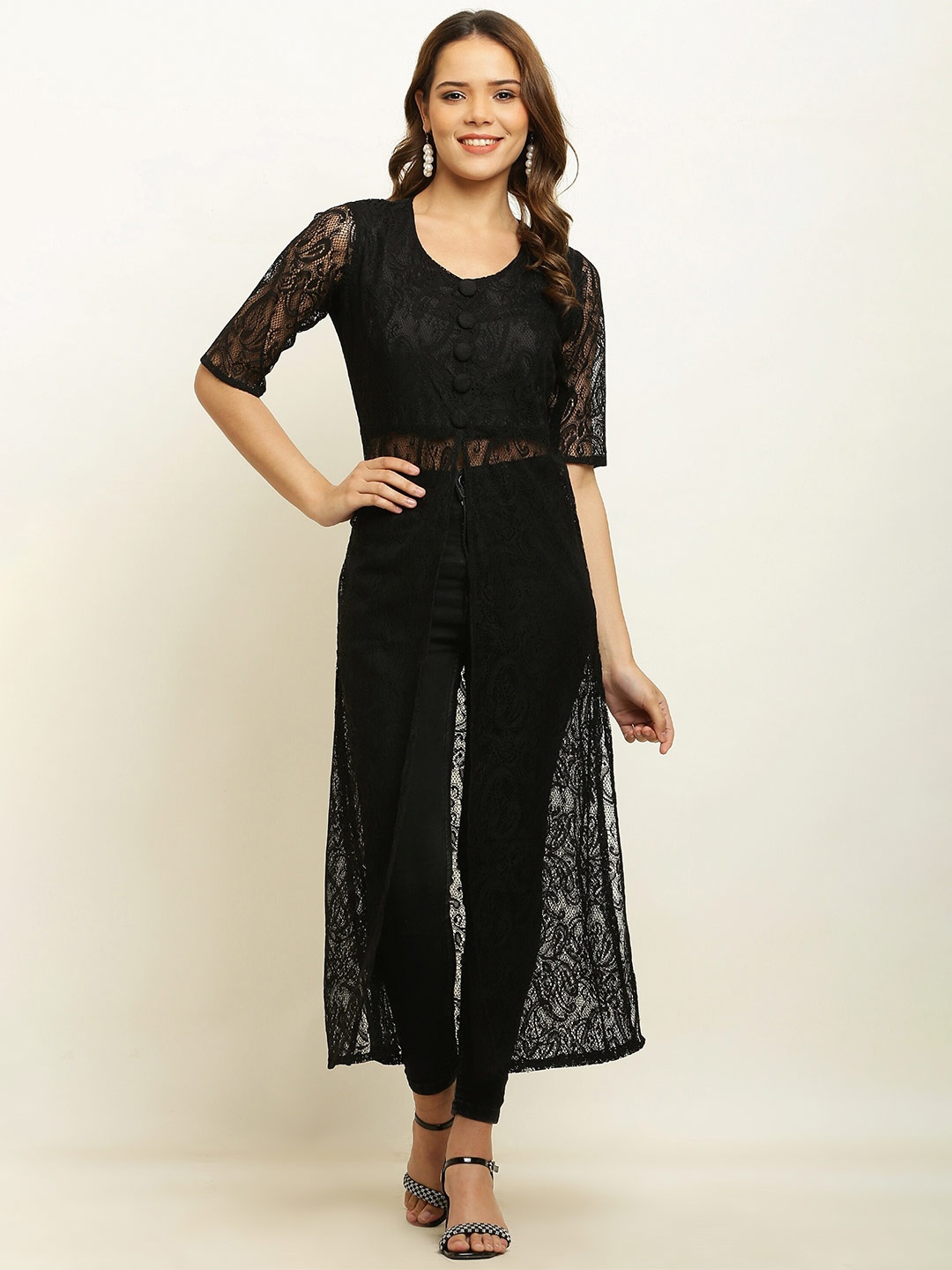 

ADDICTED ATTIRE Self Design Sleeveless Net Tunic, Black