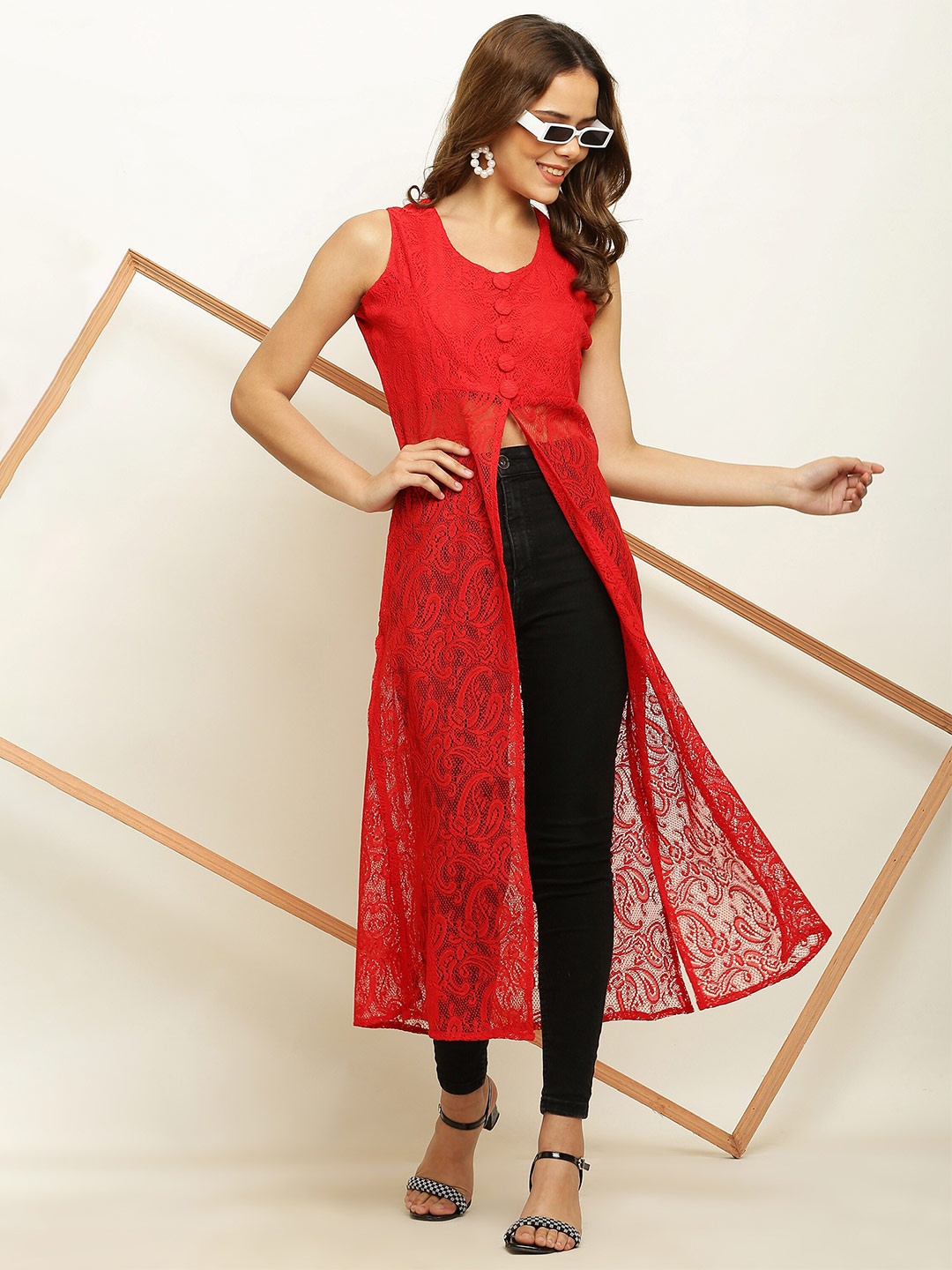 

ADDICTED ATTIRE Self Design Sleeveless Net Tunic, Red