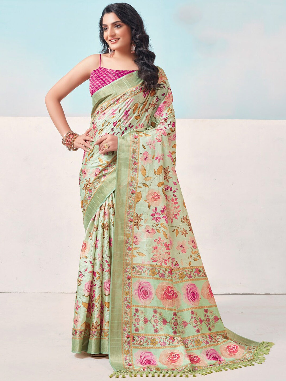 

SANSKAR Floral Printed Zari Silk Cotton Saree, Sea green