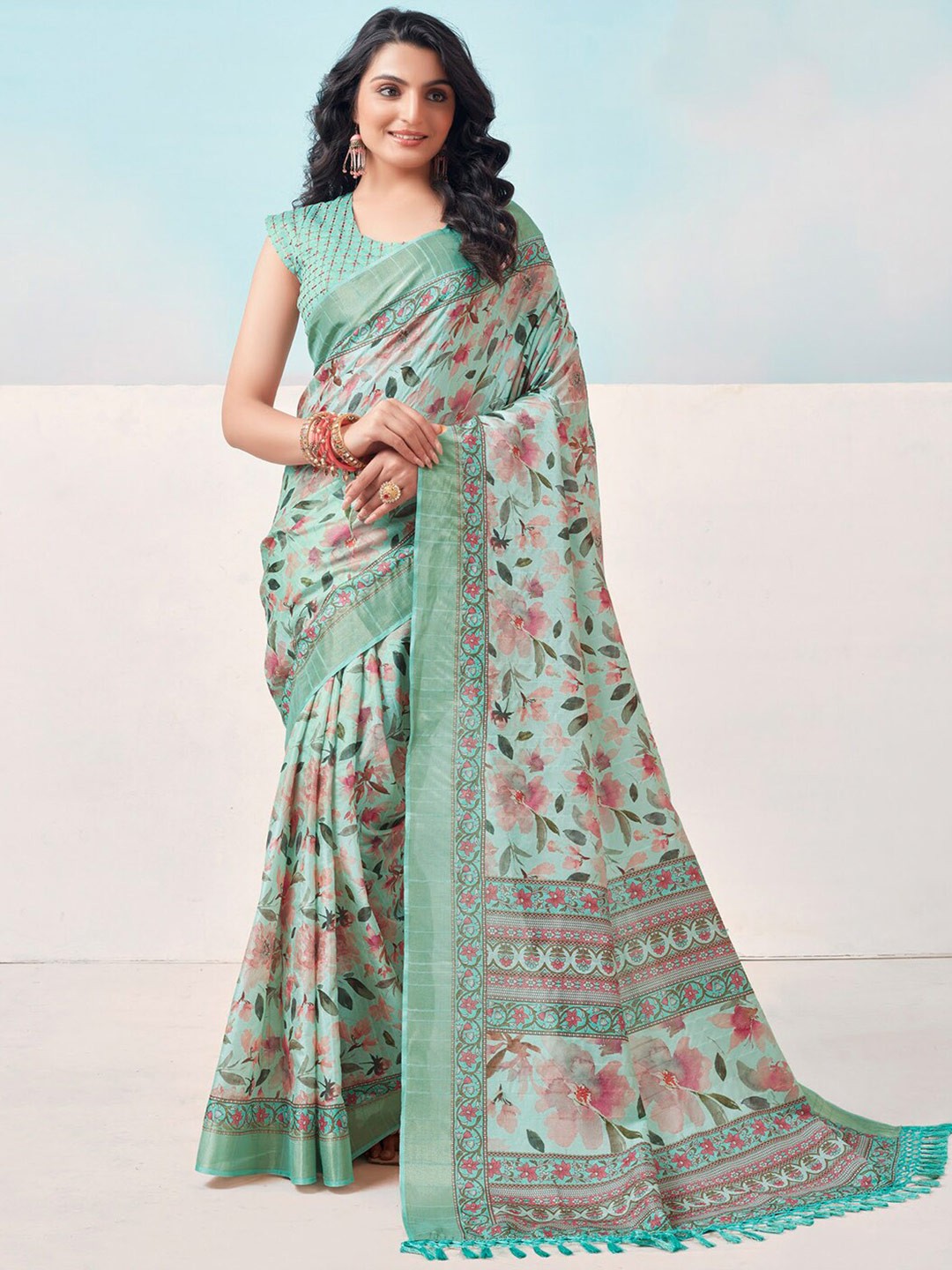 

SANSKAR Floral Printed Zari Silk Cotton Saree, Turquoise blue