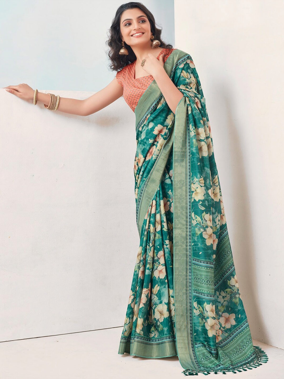 

SANSKAR Floral Zari Silk Cotton Saree, Green