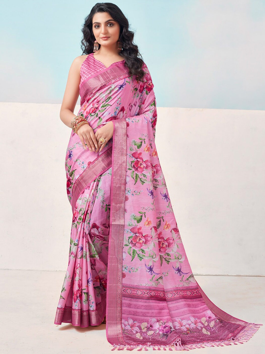 

SANSKAR Floral Zari Silk Cotton Saree, Pink