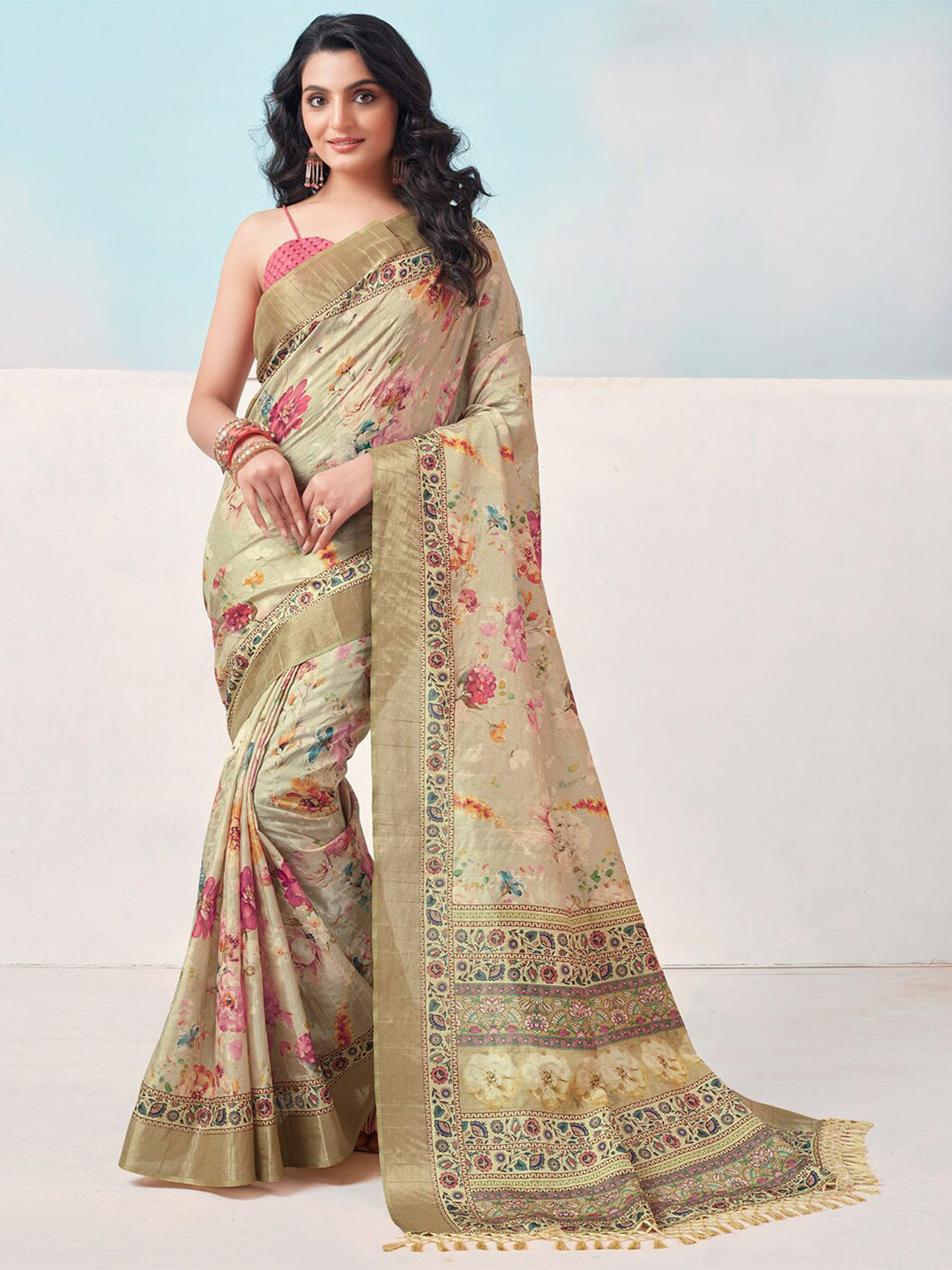 

SANSKAR Floral Zari Silk Cotton Saree, Beige