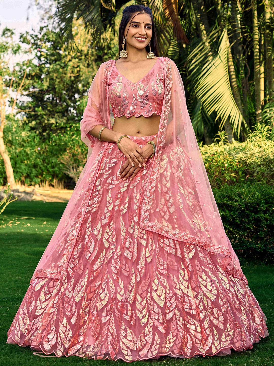 

FABPIXEL Embellished Sequinned Net Semi-Stitched Lehenga & Unstitched Blouse With Dupatta, Pink