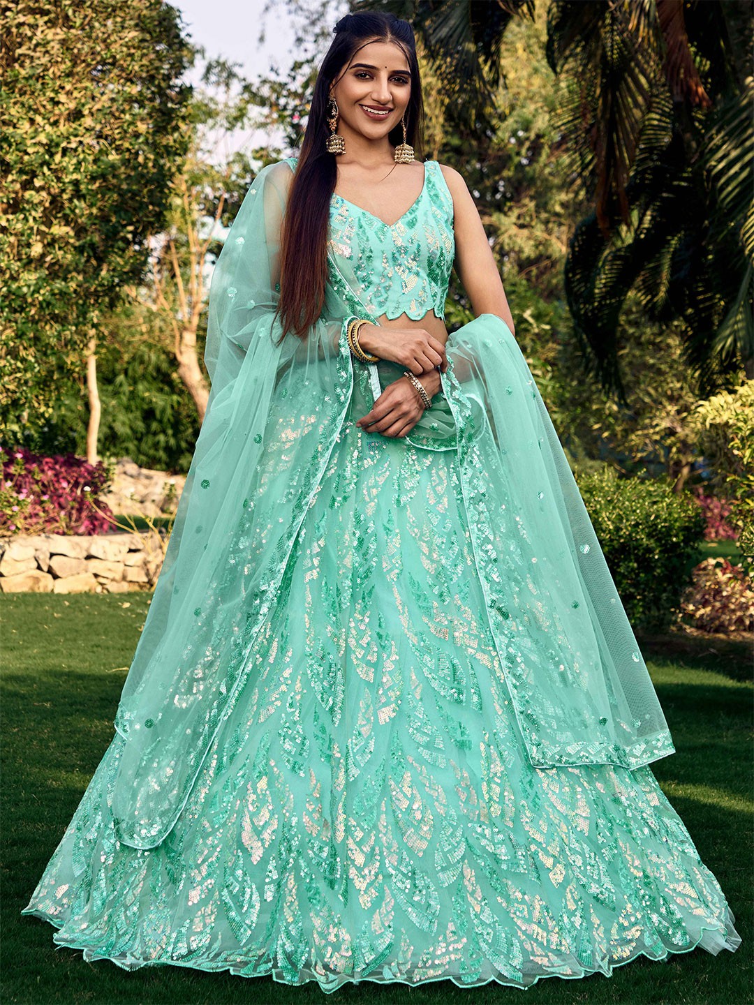 

FABPIXEL Embroidered Sequinned Semi-Stitched Lehenga & Unstitched Blouse With Dupatta, Blue