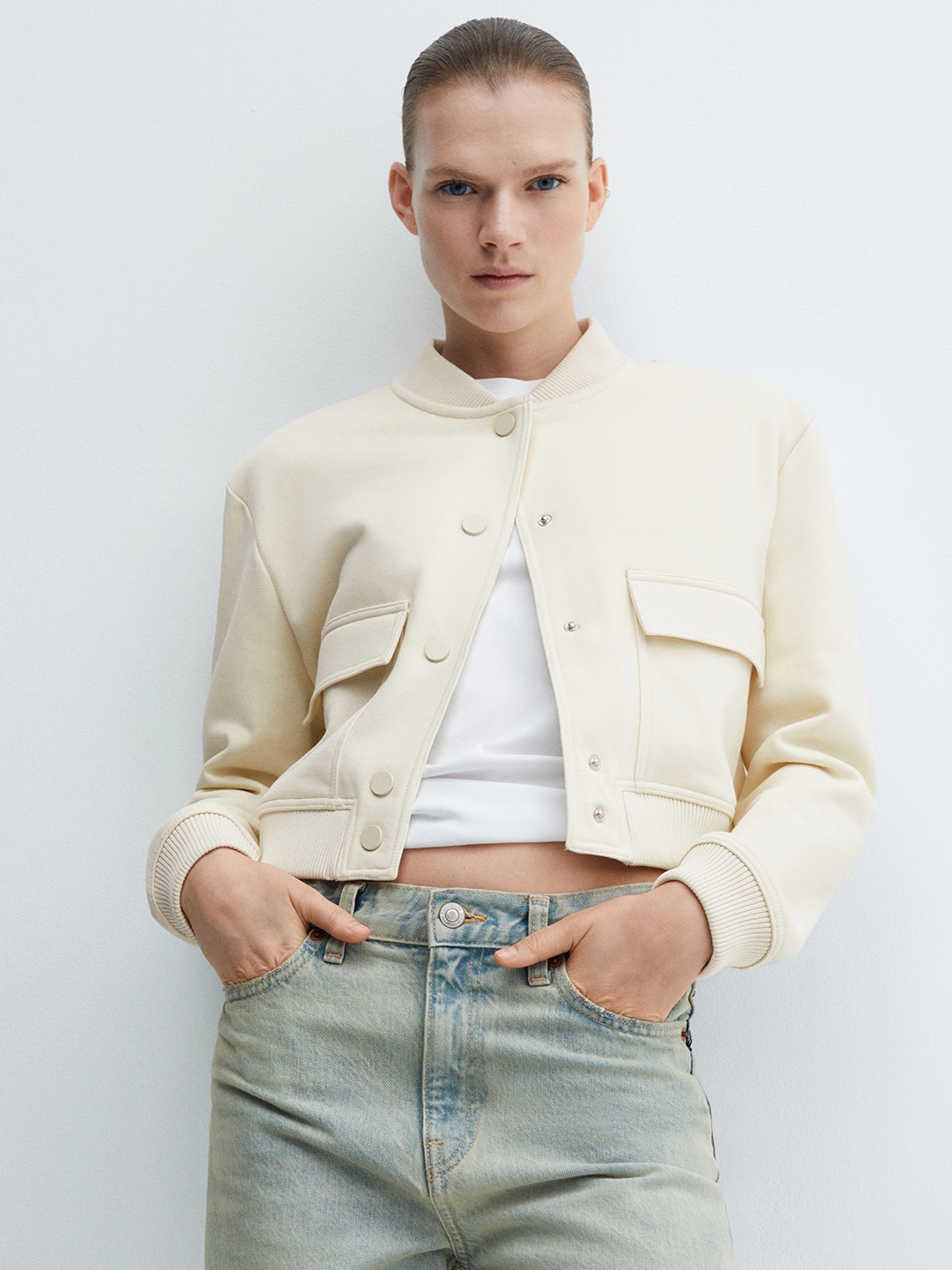

MANGO Crop Tailored Jacket, Off white