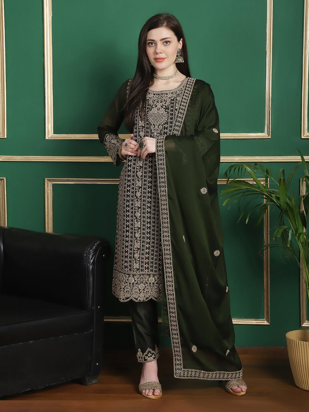 

Stylee LIFESTYLE Embroidered Silk Georgette Unstitched Dress Material, Olive