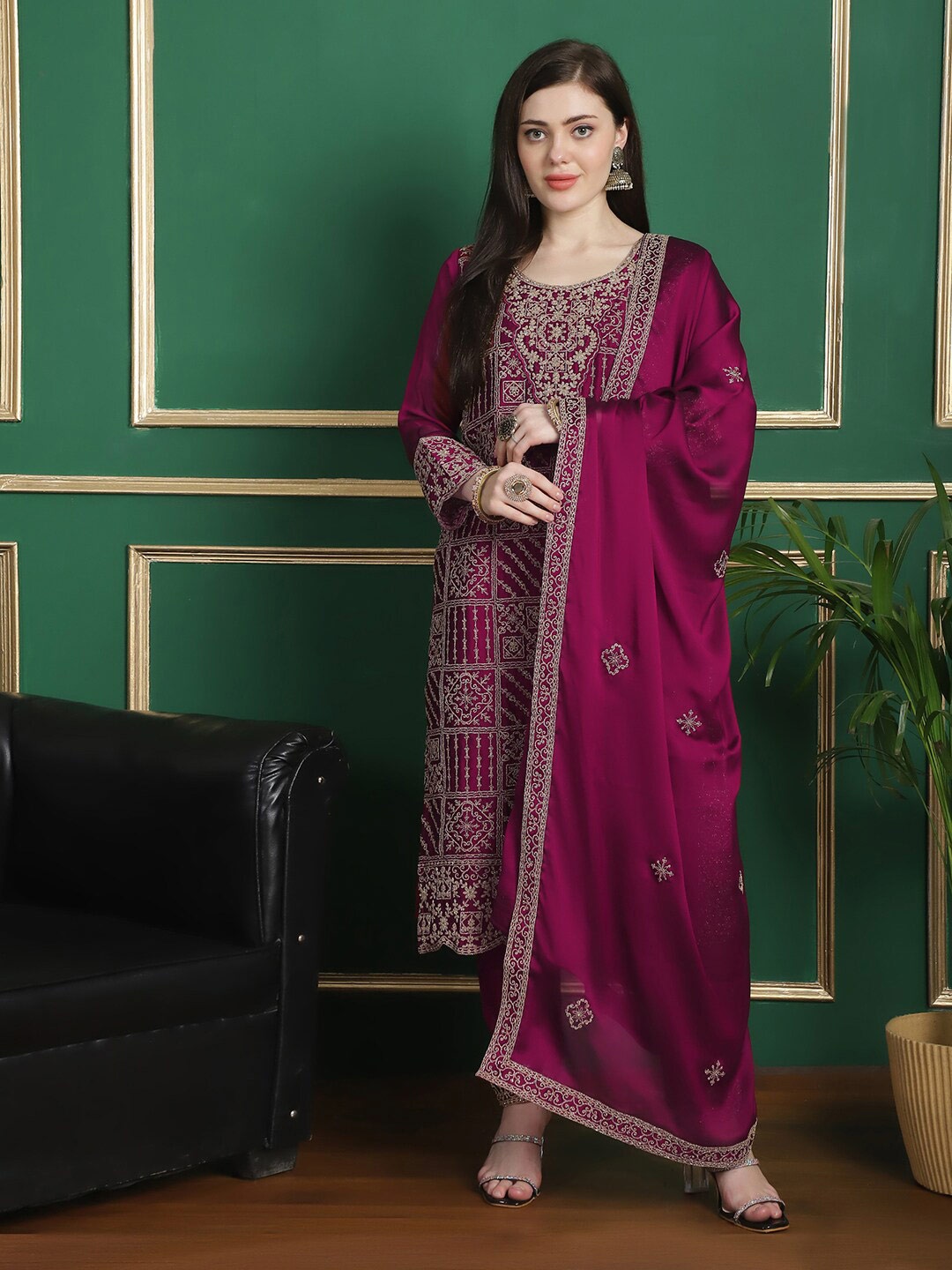 

Stylee LIFESTYLE Embroidered Silk Georgette Unstitched Dress Material, Magenta