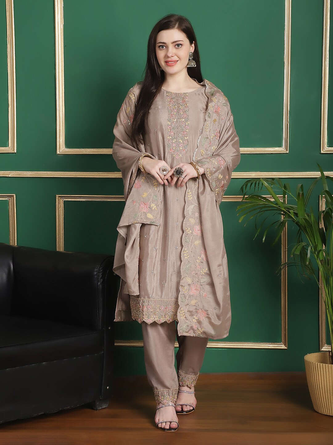 

Stylee LIFESTYLE Embroidered Unstitched Dress Material, Beige
