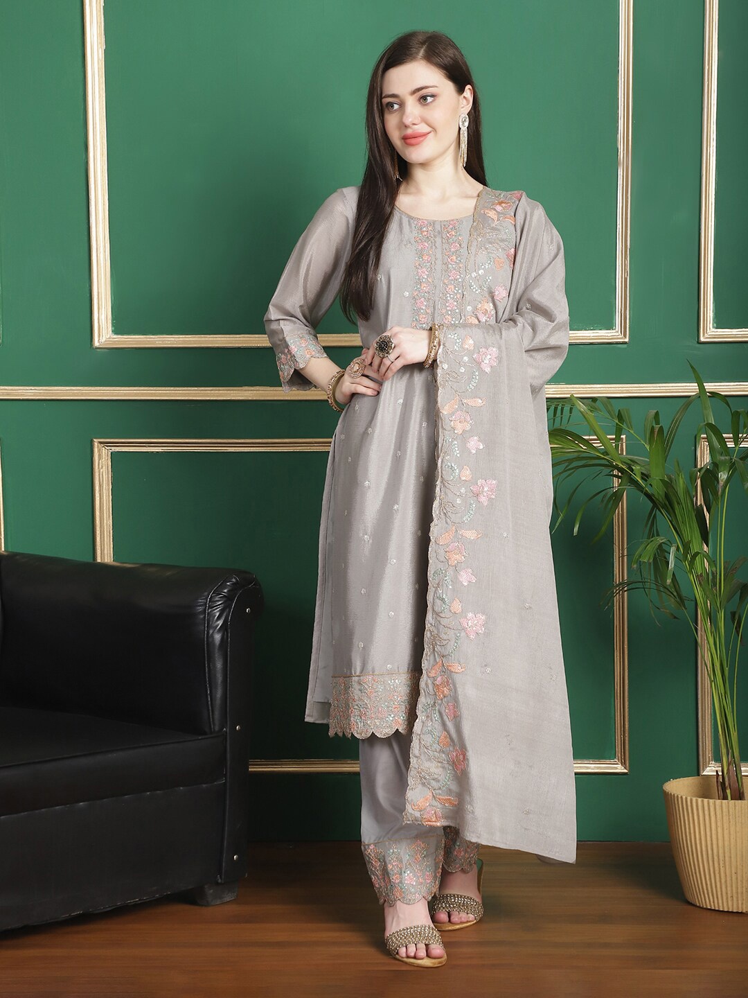 

Stylee LIFESTYLE Embroidered Unstitched Dress Material, Grey