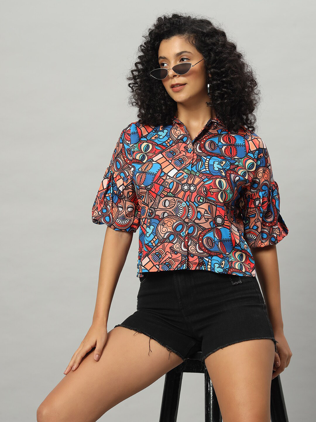 

Funday Fashion Conversational Printed Spread Collar Puff Sleeves Casual Shirt, Orange