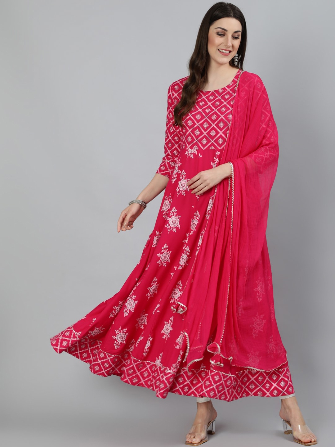 

GULMOHAR JAIPUR Ethnic Motifs Printed Round Neck Anarkali Kurta With Dupatta, Fuchsia