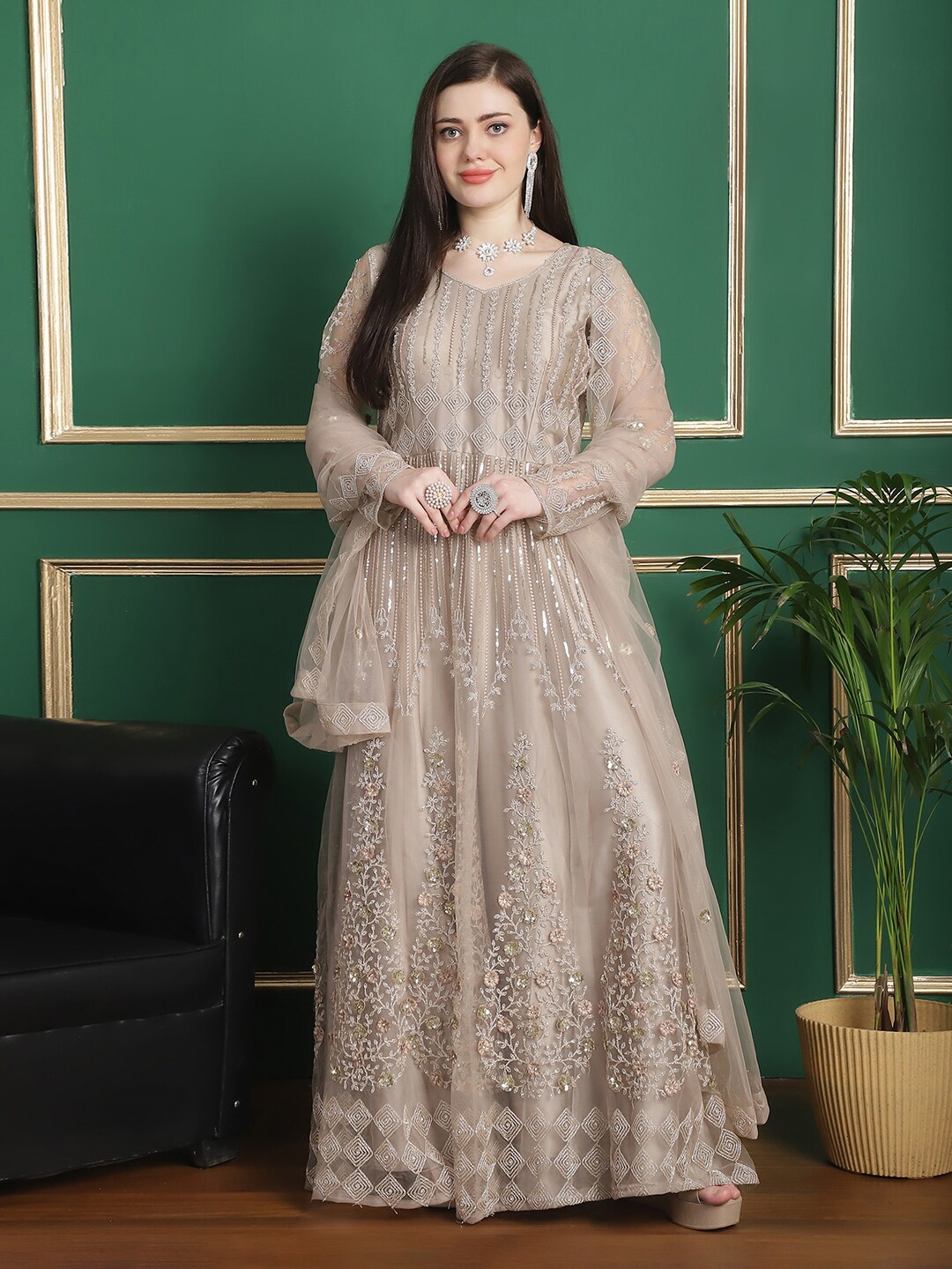

Stylee LIFESTYLE Embroidered Semi-Stitched Dress Material, Beige