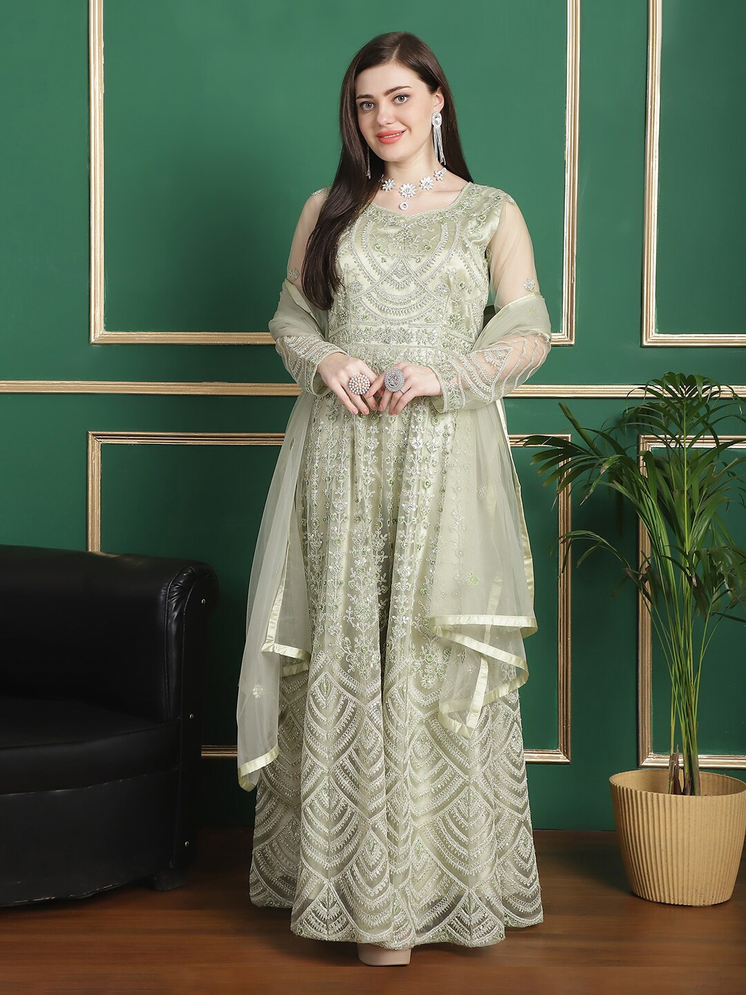 

Stylee LIFESTYLE Embroidered Semi-Stitched Dress Material, Green