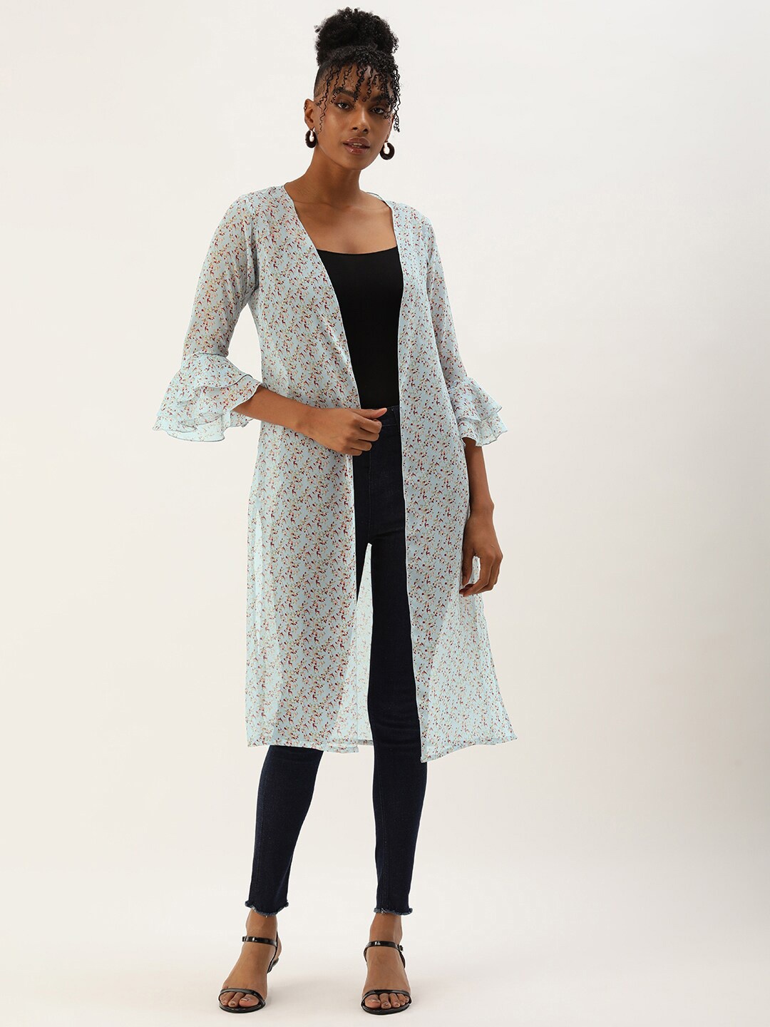 

ROVING MODE Printed Bell Sleeves Open Front Longline Sheer Shrug, Blue