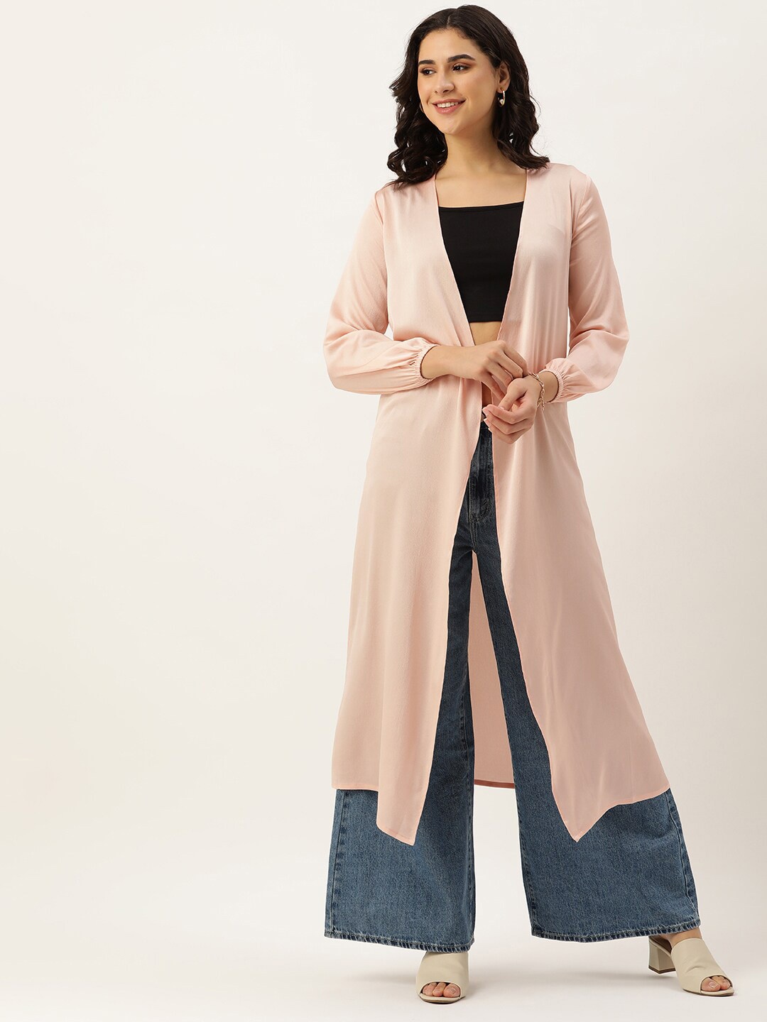 

ROVING MODE Open Front Longline Satin Shrug, Pink