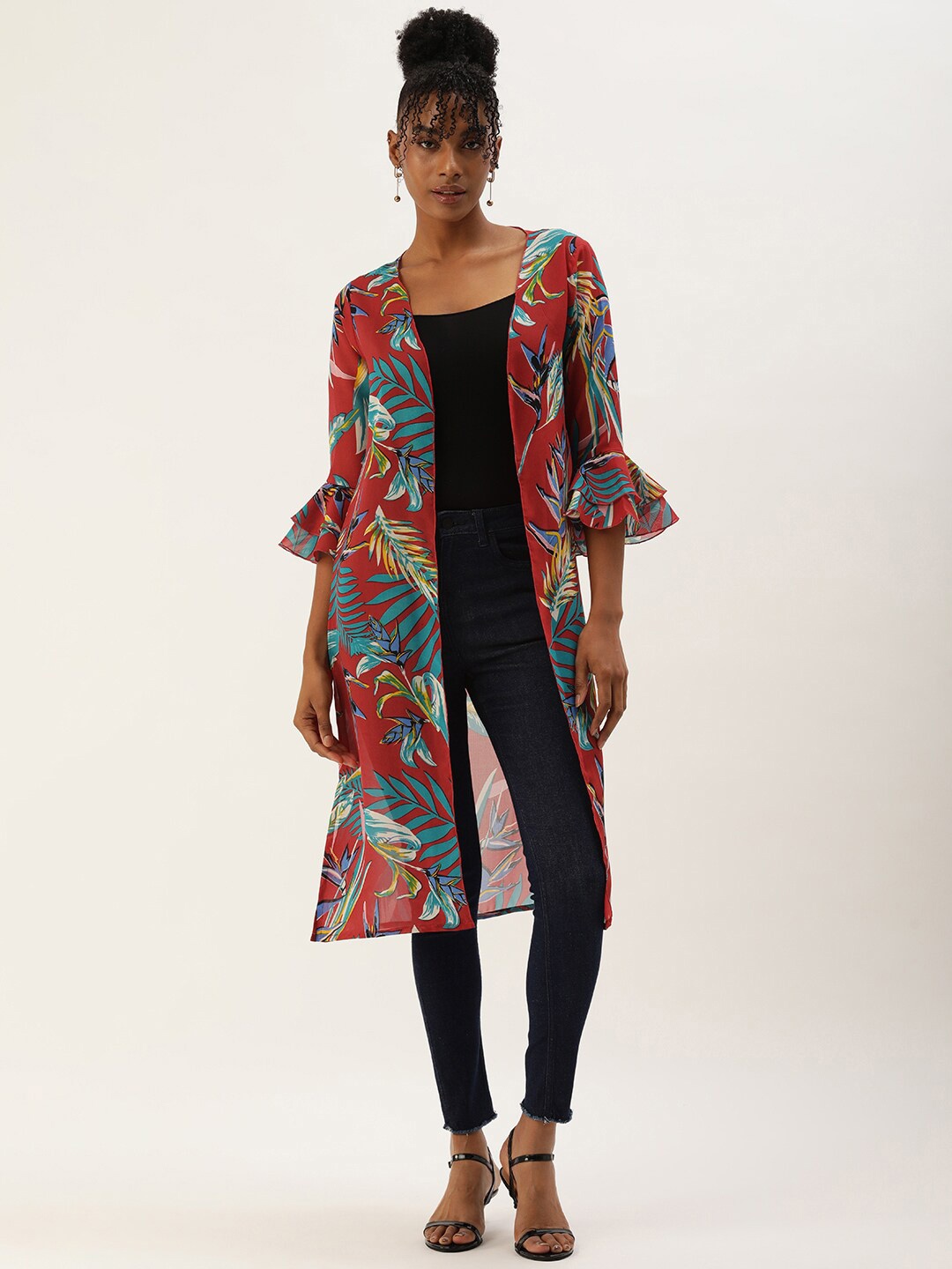 

ROVING MODE Tropical Printed Georgette Open Front Longline Shrug, Red