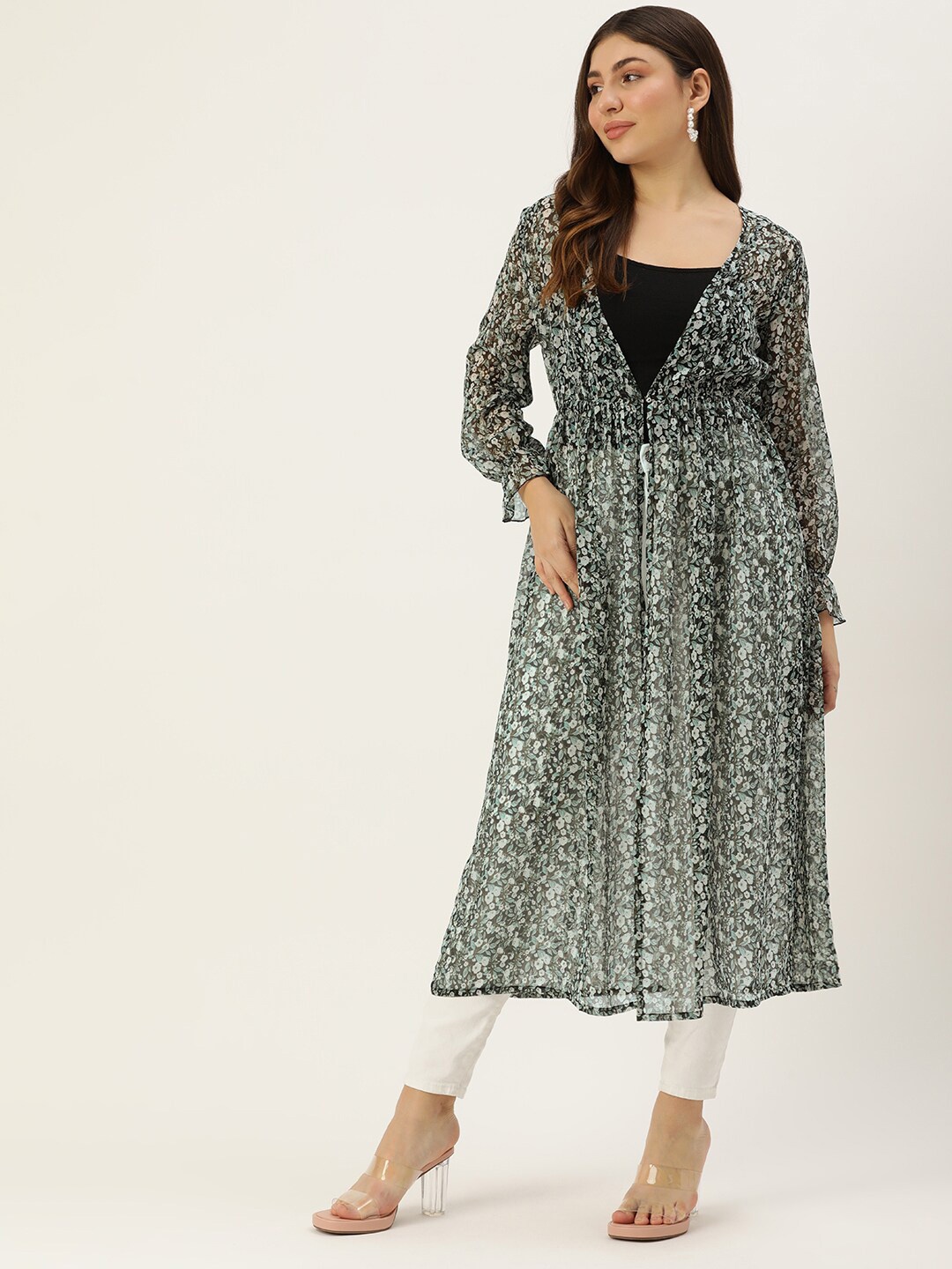 

ROVING MODE Floral Printed Georgette Longline Shrug, Black