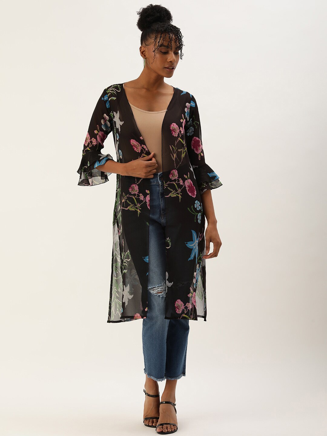 

ROVING MODE Floral Printed Longline Shrug, Black
