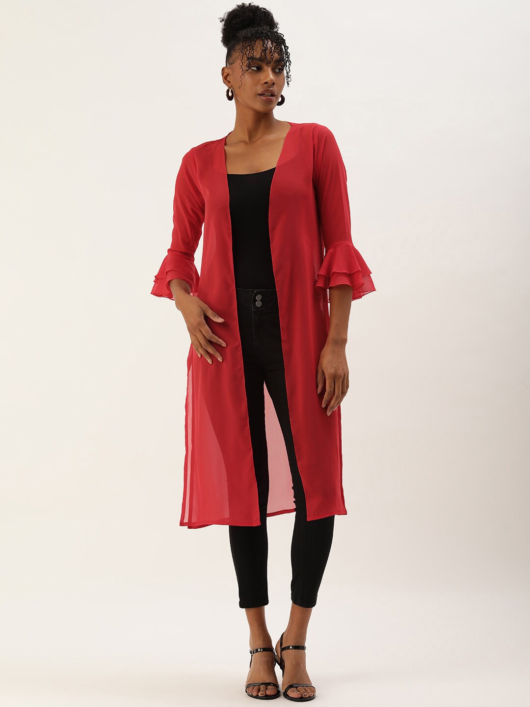 

ROVING MODE Georgette Open Front Longline Shrug, Red