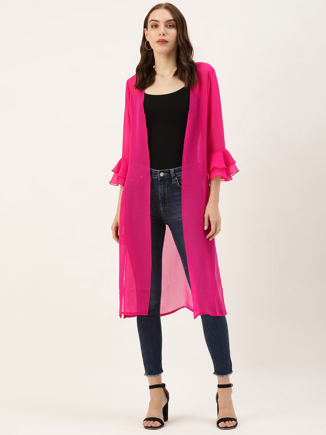 

ROVING MODE Bell Sleeves Open Front Semi Sheer Georgette Longline Shrug, Fuchsia