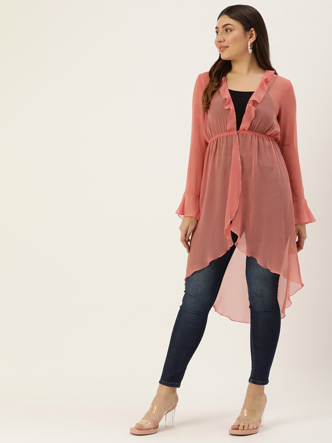 

ROVING MODE Ruffled Georgette Longline Shrug, Peach