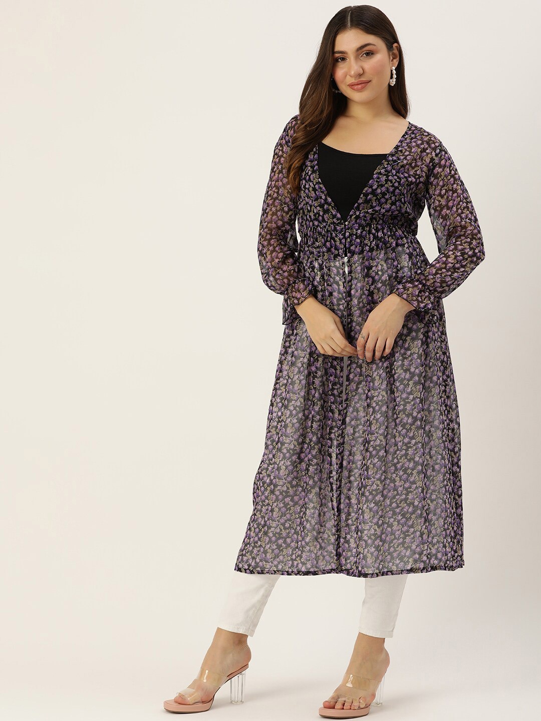 

ROVING MODE Floral Printed Longline Tie-Up Shrug, Purple