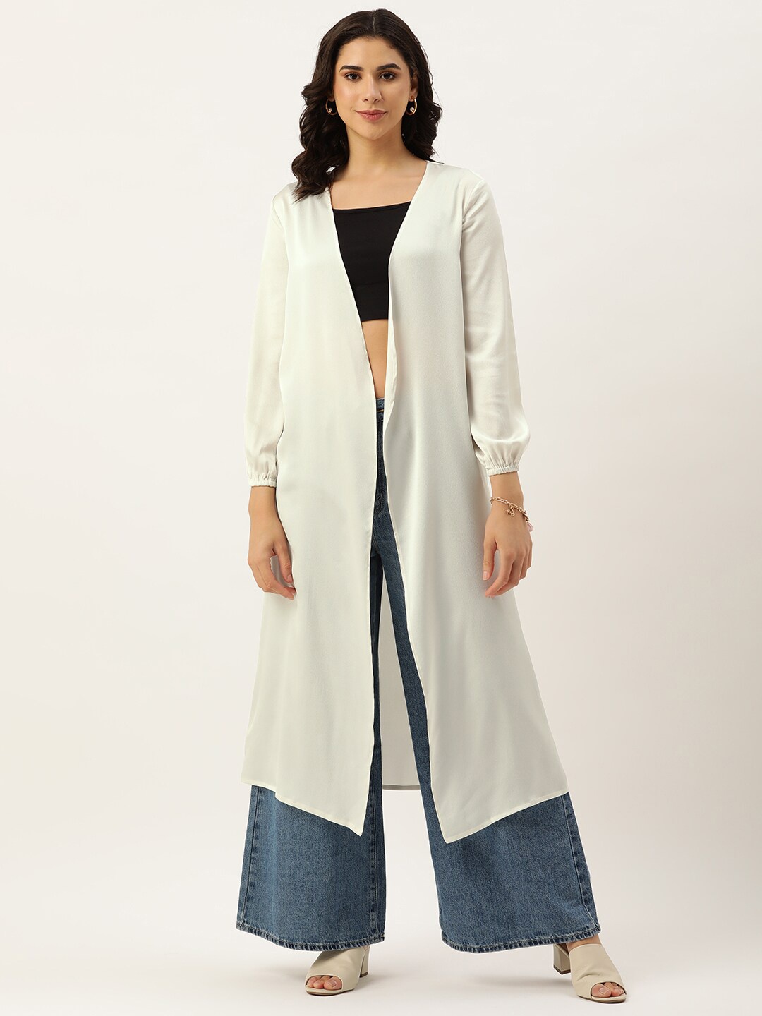 

ROVING MODE Open Front Longline Satin Shrug, Cream