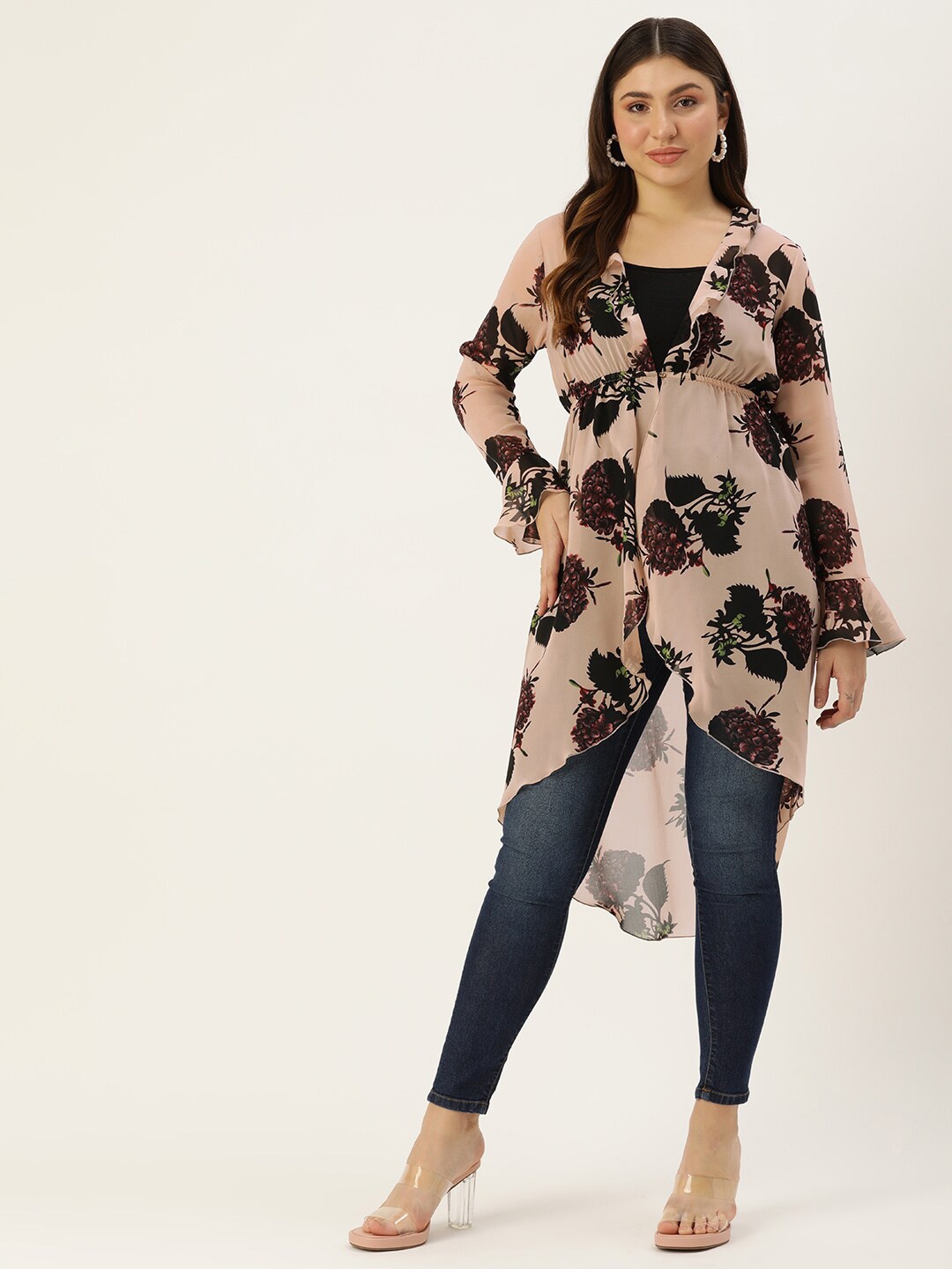 

ROVING MODE Floral Printed Georgette Longline Shrug, Beige